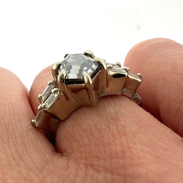 The Hex Queen - hexagonal grey moissanite ring