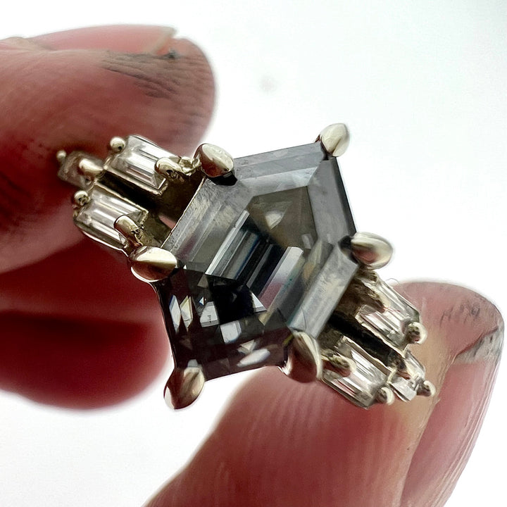The Hex Queen - hexagonal grey moissanite ring