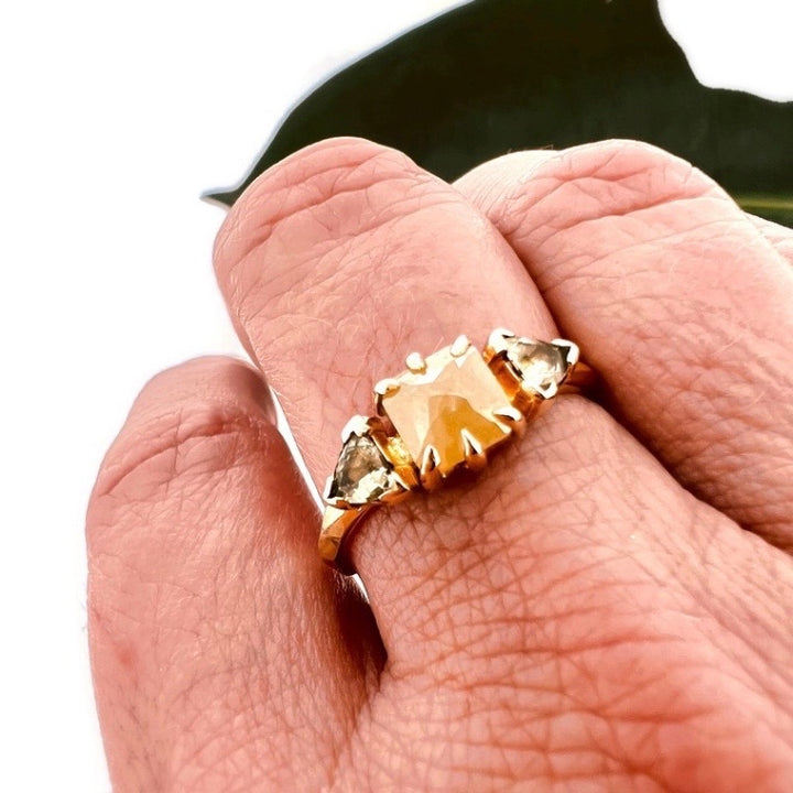 Creamy Yellow Rose Cut Diamond Ring with Green Sapphires