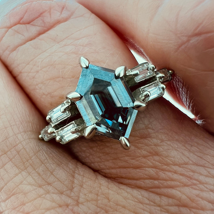 The Hex Queen - hexagonal grey moissanite ring