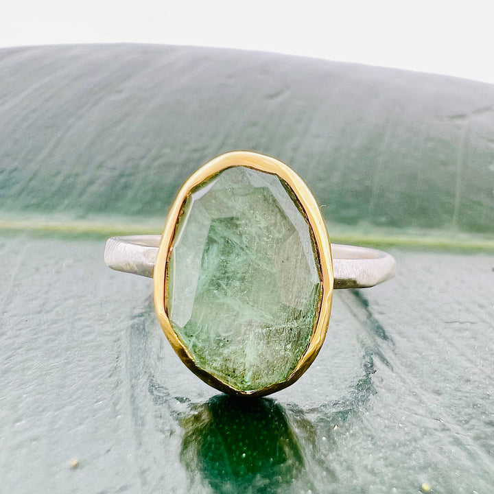 Rose Cut Celadon Beryl Chiseled Ring