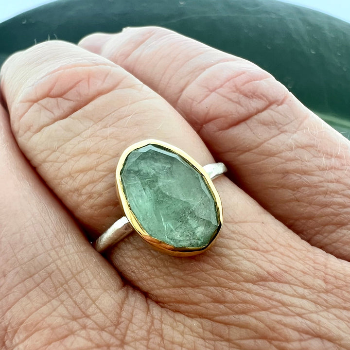 Rose Cut Celadon Beryl Chiseled Ring