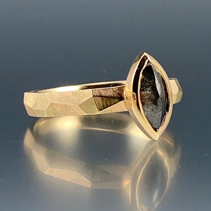 Side view of Salt and Pepper Marquise Rustic Diamond Ring.