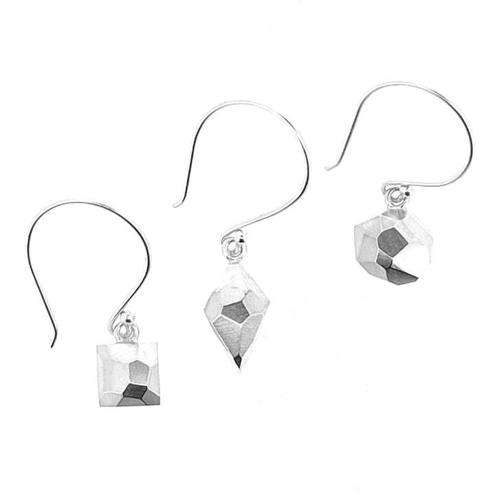 Full view of all three faceted dangle earrings: square, diamond, and octagon.