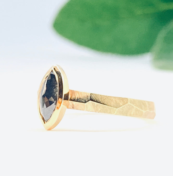 Side profile of Salt and Pepper Marquise Rustic Diamond Ring.