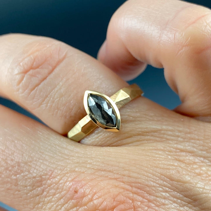 Full view of Salt and pepper marquise Rustic Diamond Ring on a woman's hand to help give idea of scale of piece.