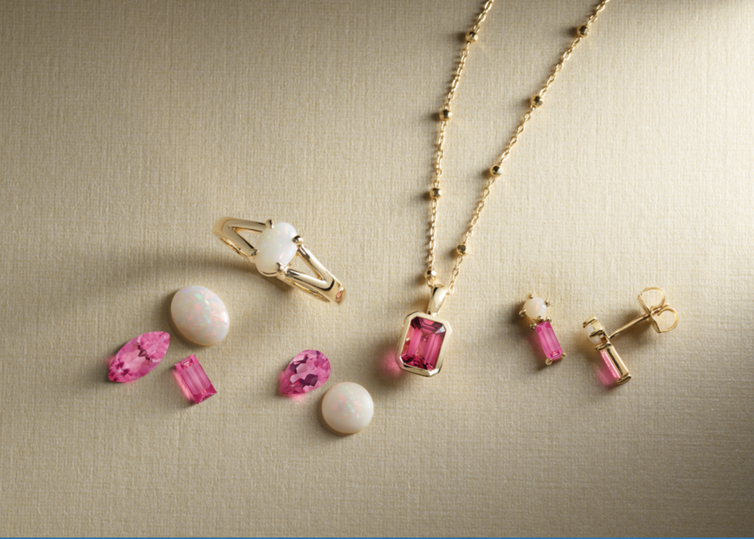October birthstone jewelry (opals and pink tourmaline)