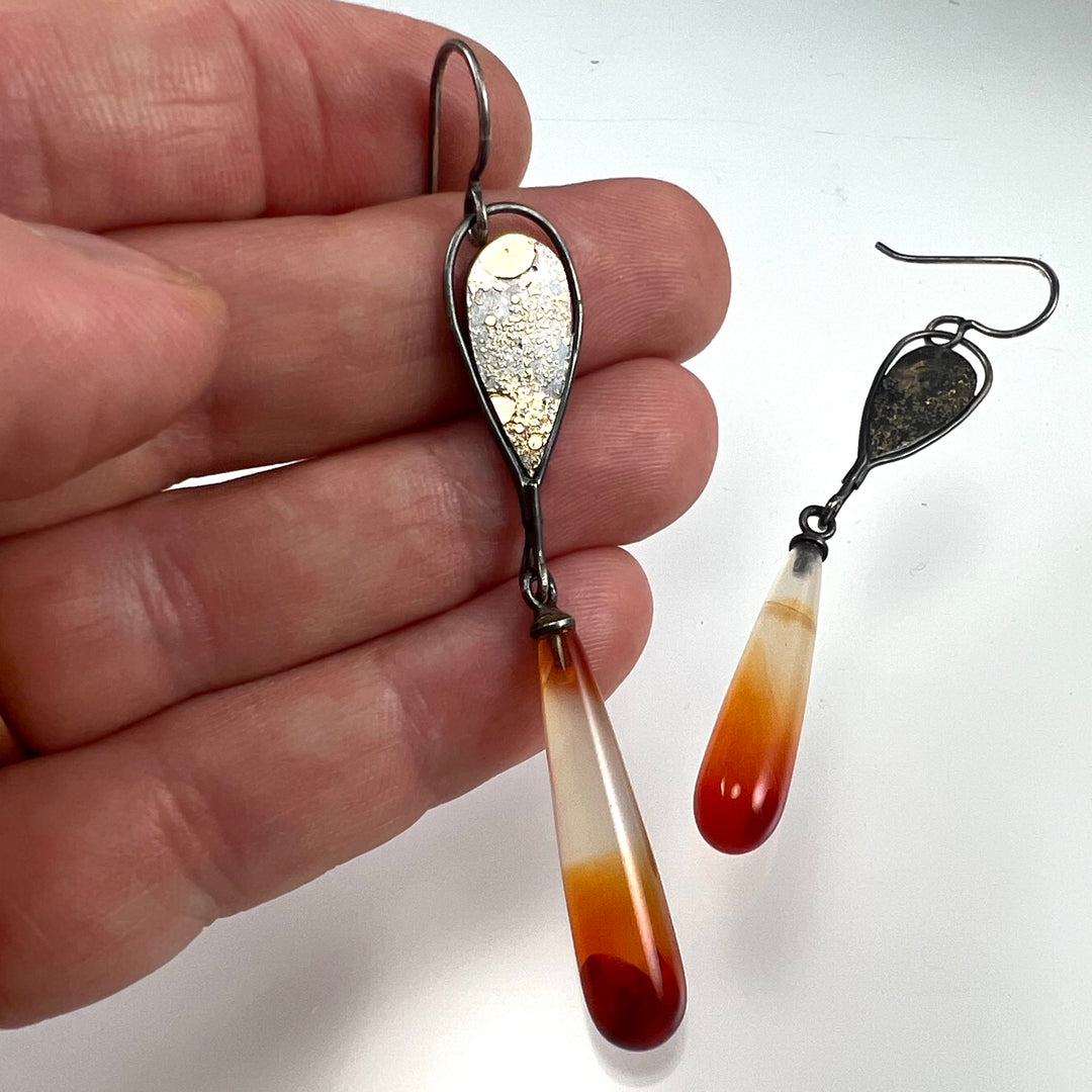 Fused Lichen Banded Carnelian drop earrings