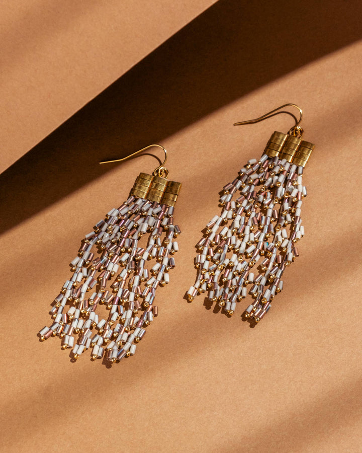 Beaded Handwoven Cascade Fringe Earrings (White)