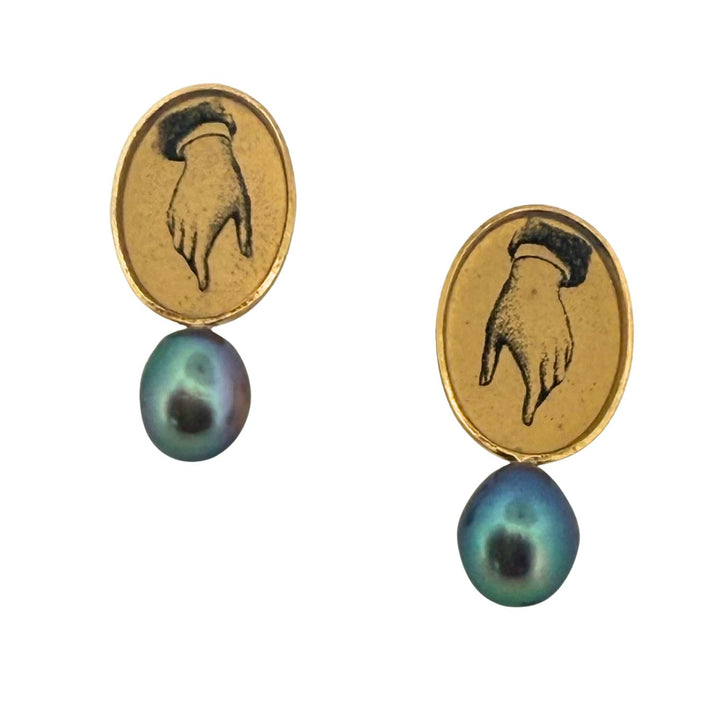 Peacock Pearl Stud with Victorian Hand