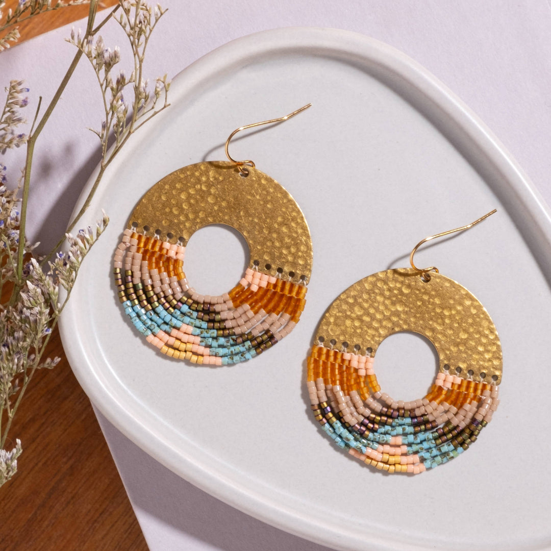 Beaded Handwoven Organic Circular Fringe Earrings (Earth)