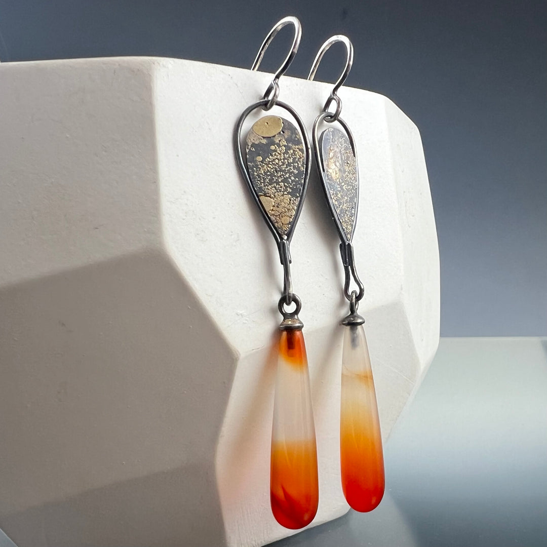 Fused Lichen Banded Carnelian drop earrings