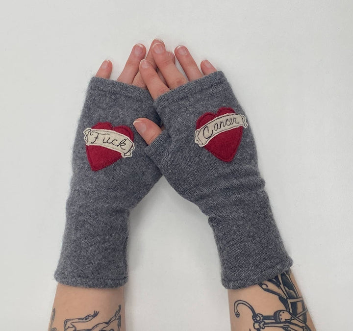 Fingerless Cashmere Gloves-Tattoo Heart Fuck Cancer