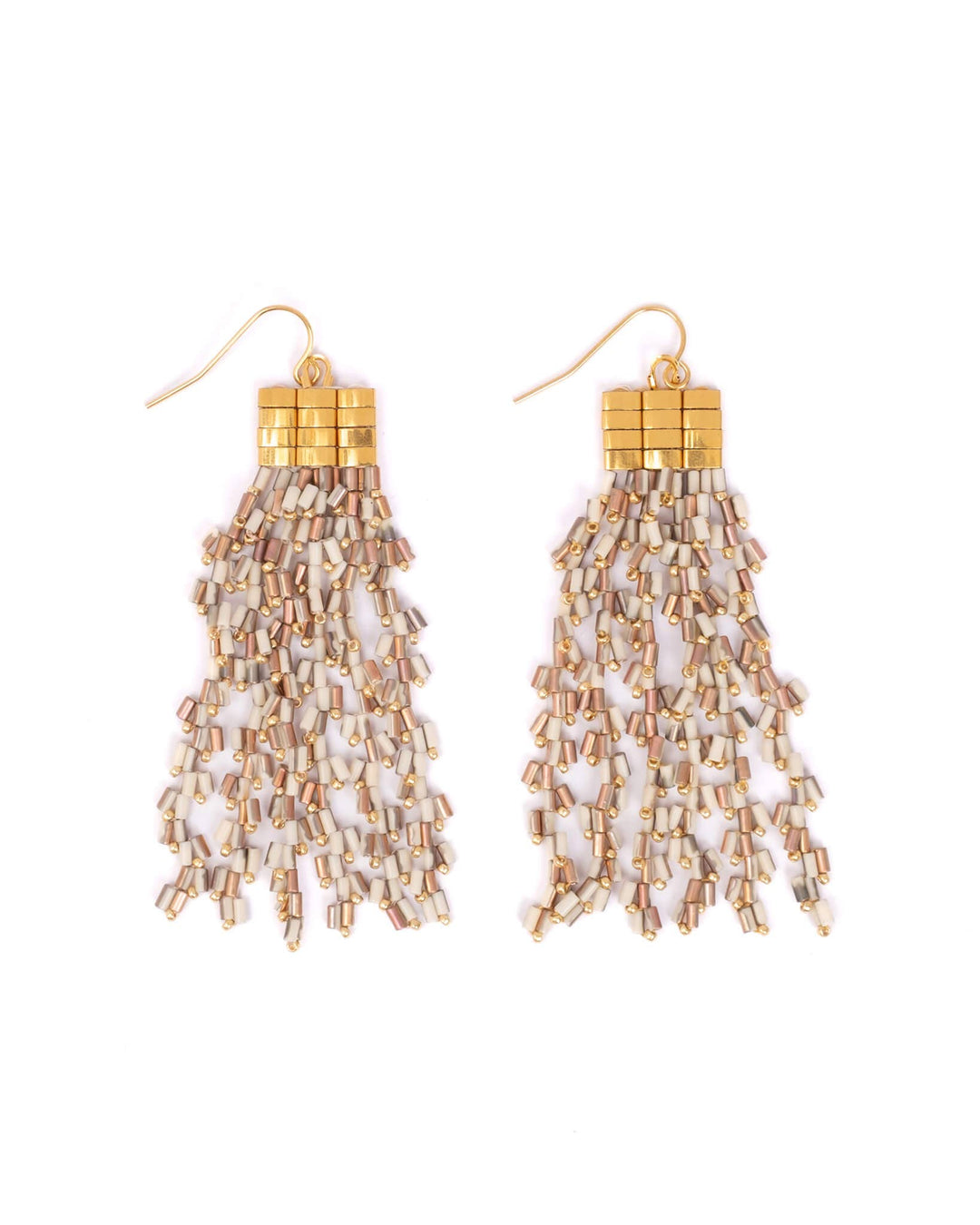 Beaded Handwoven Cascade Fringe Earrings (White)