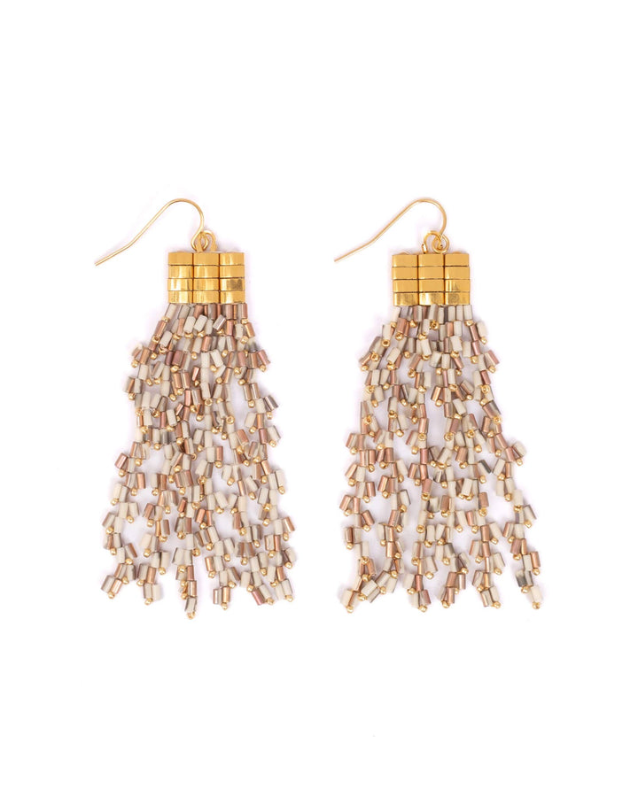 Beaded Handwoven Cascade Fringe Earrings (White)