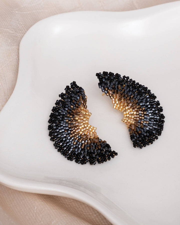 Beaded Handwoven Ginkgo Leaf Stud Earrings (Black)