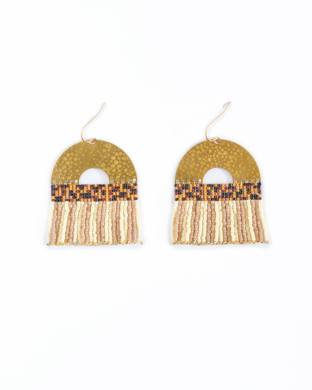 Beaded Handwoven Striped Fringe Earrings (Tan/Cream)