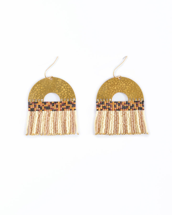 Beaded Handwoven Striped Fringe Earrings (Tan/Cream)