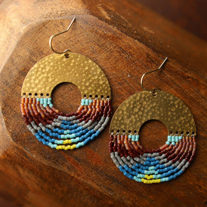 Beaded Handwoven Organic Circular Fringe Earrings (Blue)
