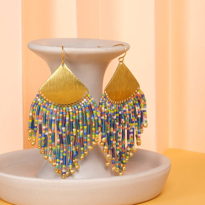 Beaded Handwoven Confetti Fringe Earrings (Blue/Green)