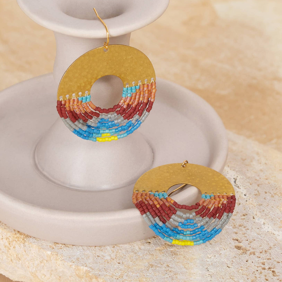 Beaded Handwoven Organic Circular Fringe Earrings (Blue)