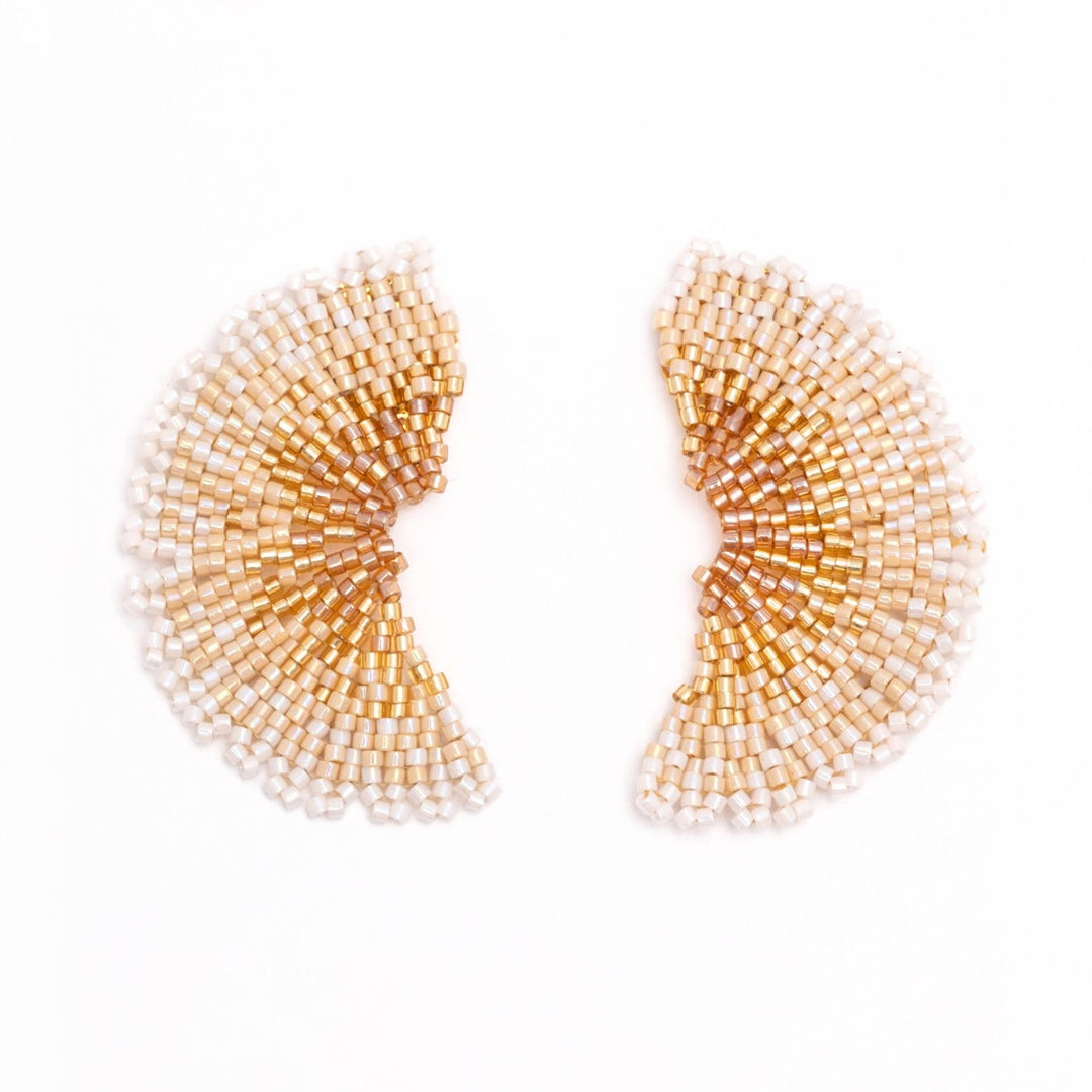 Beaded Handwoven Ginkgo Leaf Stud Earrings (Cream)