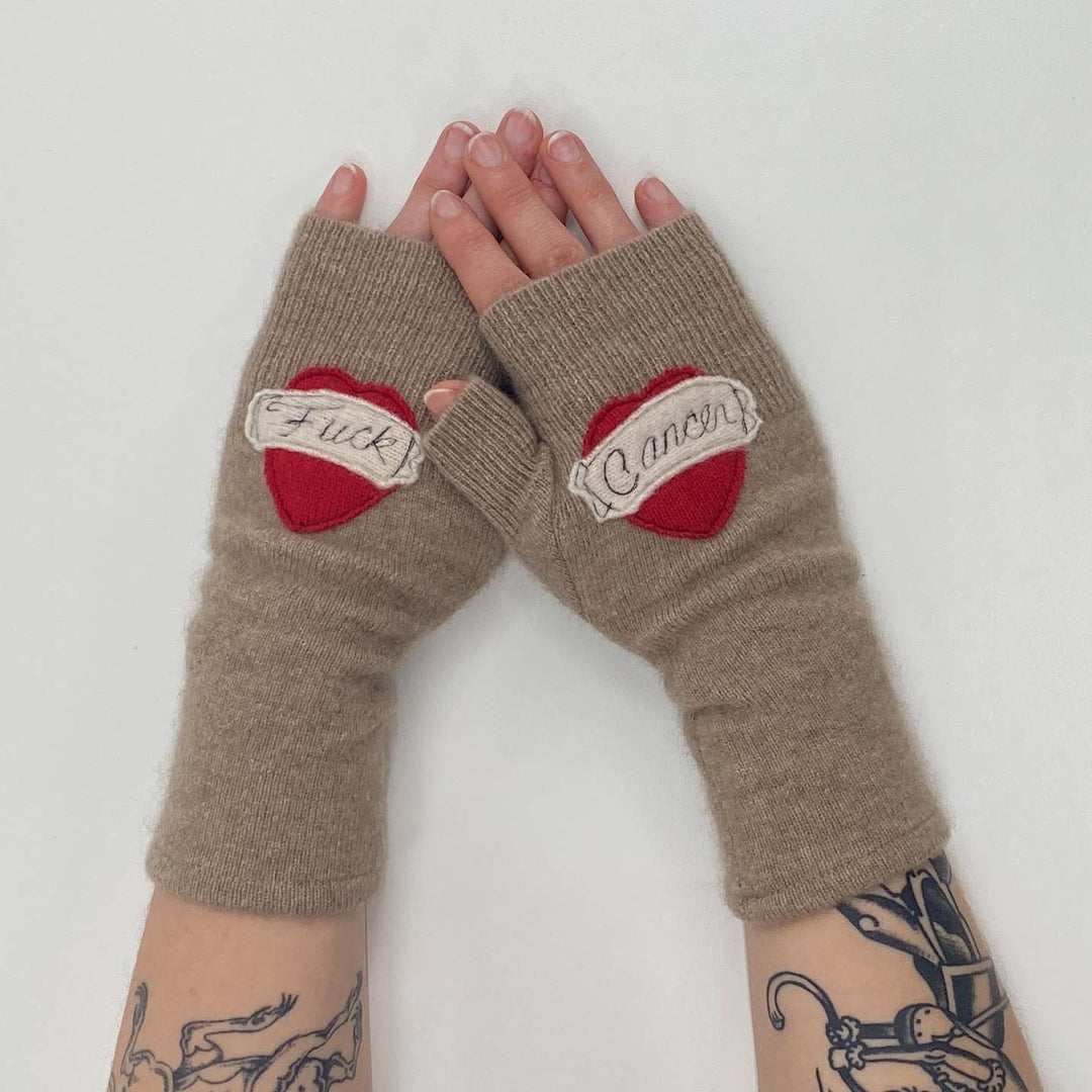 Fingerless Cashmere Gloves-Tattoo Heart Fuck Cancer