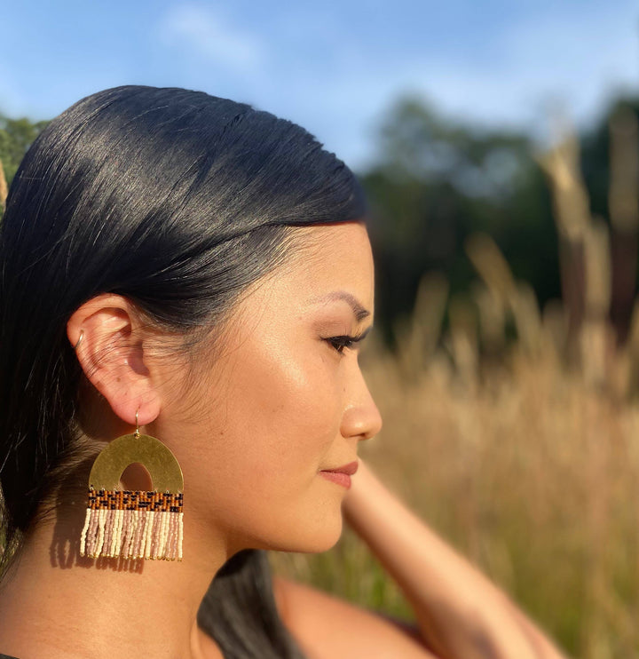 Beaded Handwoven Striped Fringe Earrings (Tan/Cream)