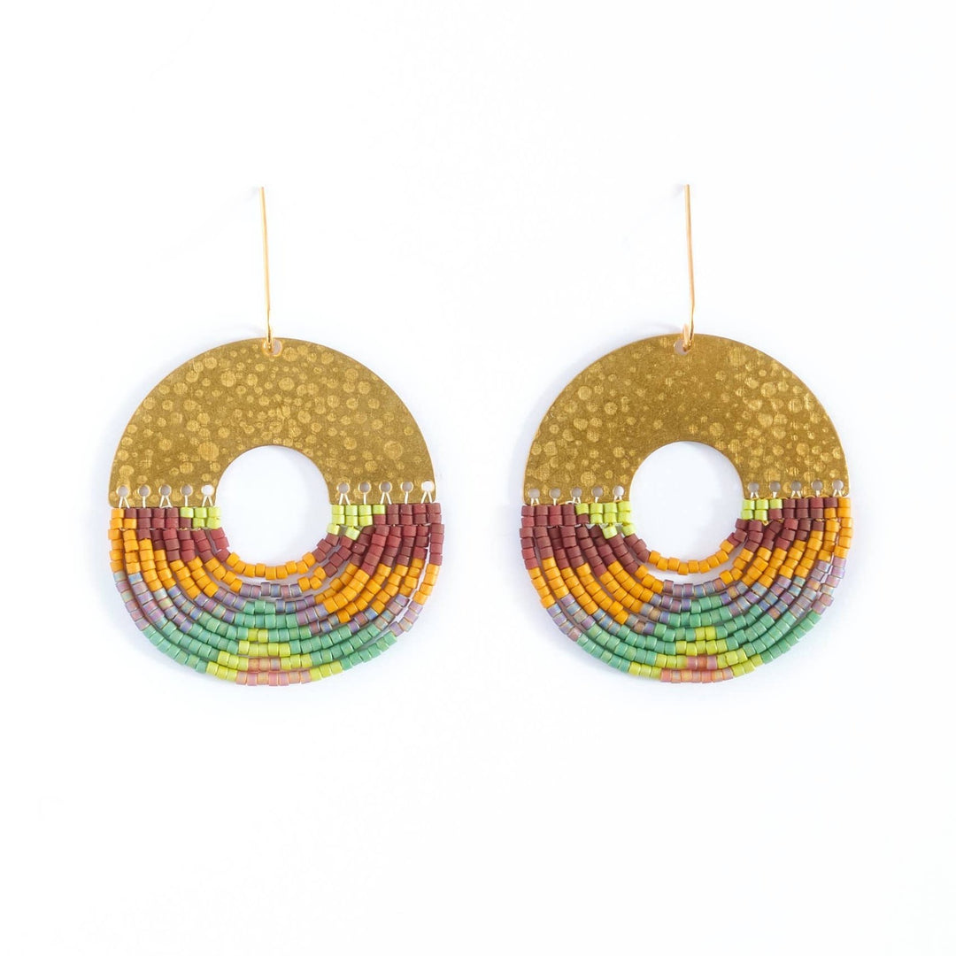 Beaded Handwoven Organic Circular Fringe Earrings (Green)