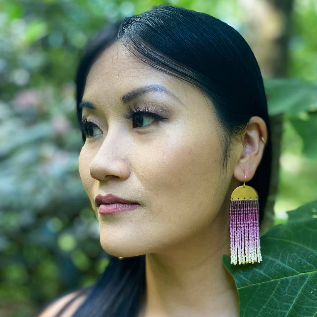 Beaded Handwoven Ombre Fringe Earrings (Blue)