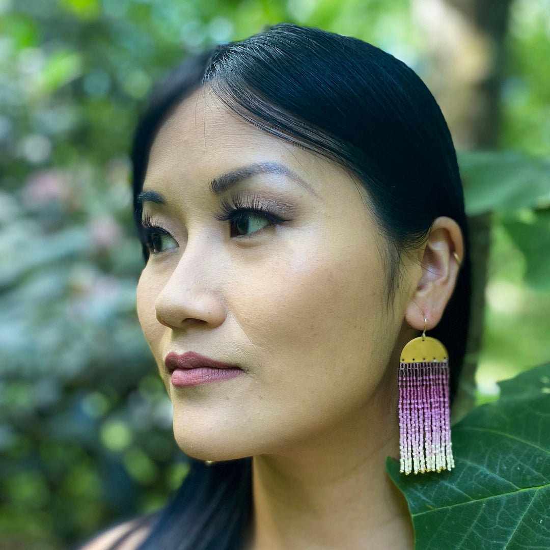 Beaded Handwoven Ombre Fringe Earrings (Brown)