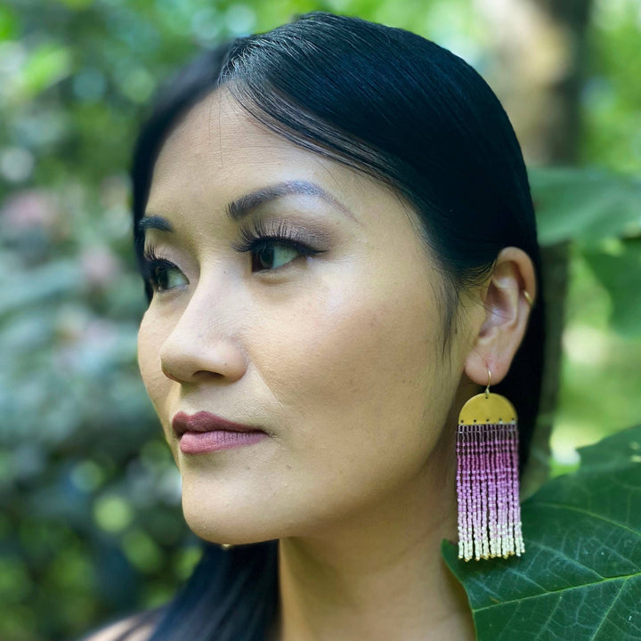 Beaded Handwoven Ombre Fringe Earrings (Pink)