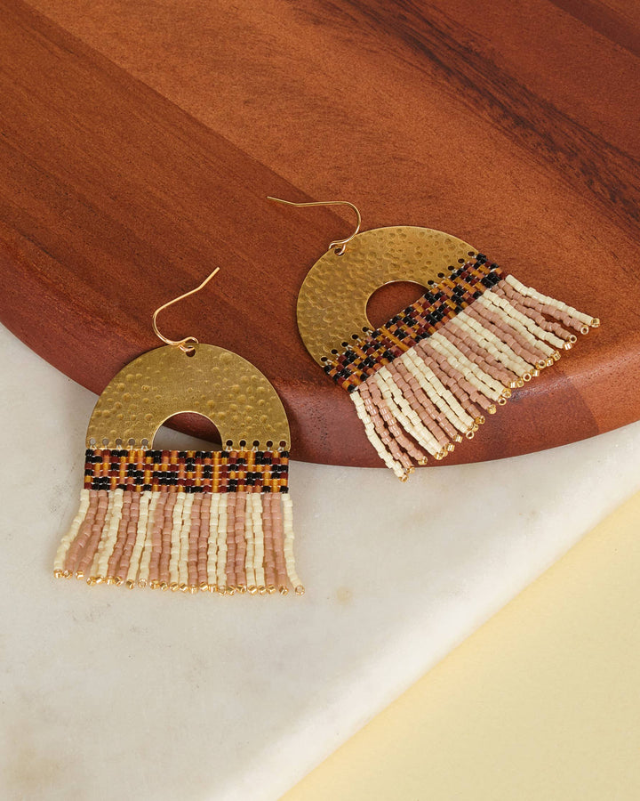 Beaded Handwoven Striped Fringe Earrings (Tan/Cream)