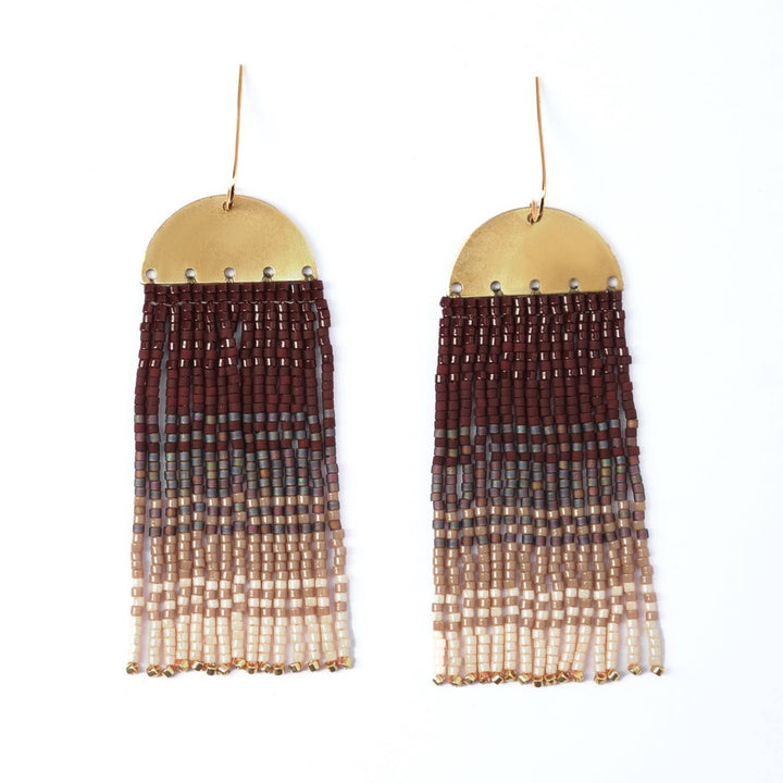 Beaded Handwoven Ombre Fringe Earrings (Brown)