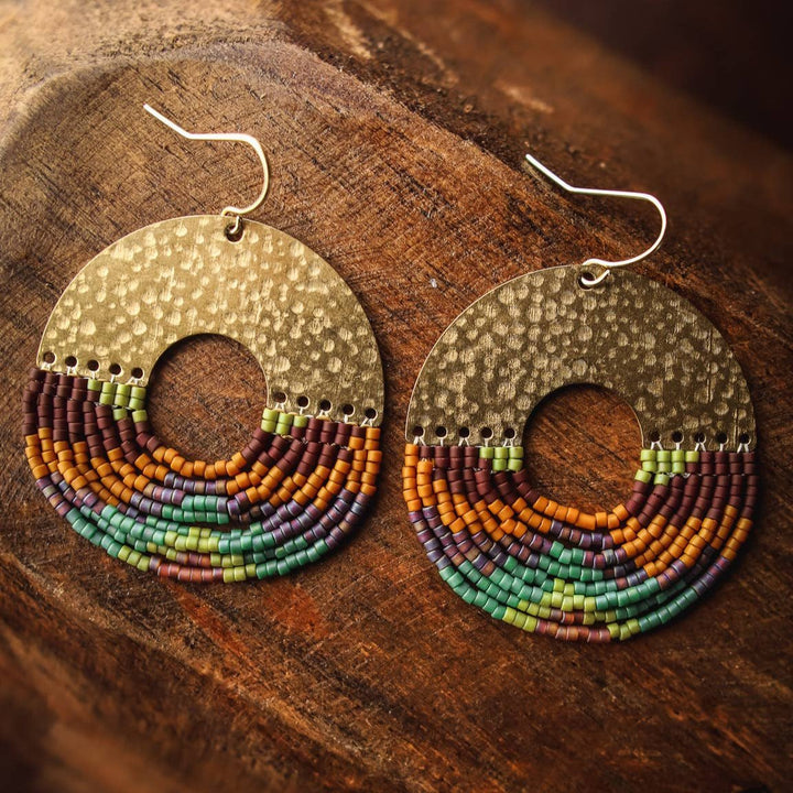 Beaded Handwoven Organic Circular Fringe Earrings (Green)