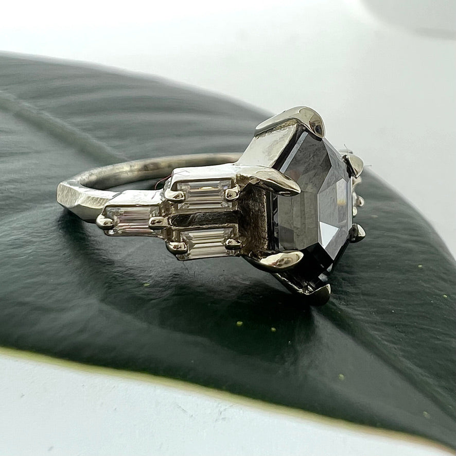 The Hex Queen - hexagonal grey moissanite ring