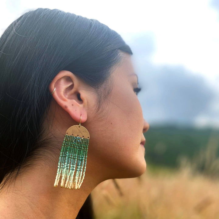 Beaded Handwoven Ombre Fringe Earrings (Blue)