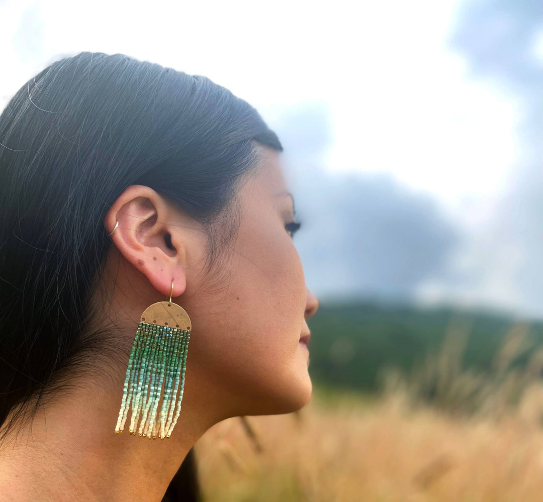 Beaded Handwoven Ombre Fringe Earrings (Brown)