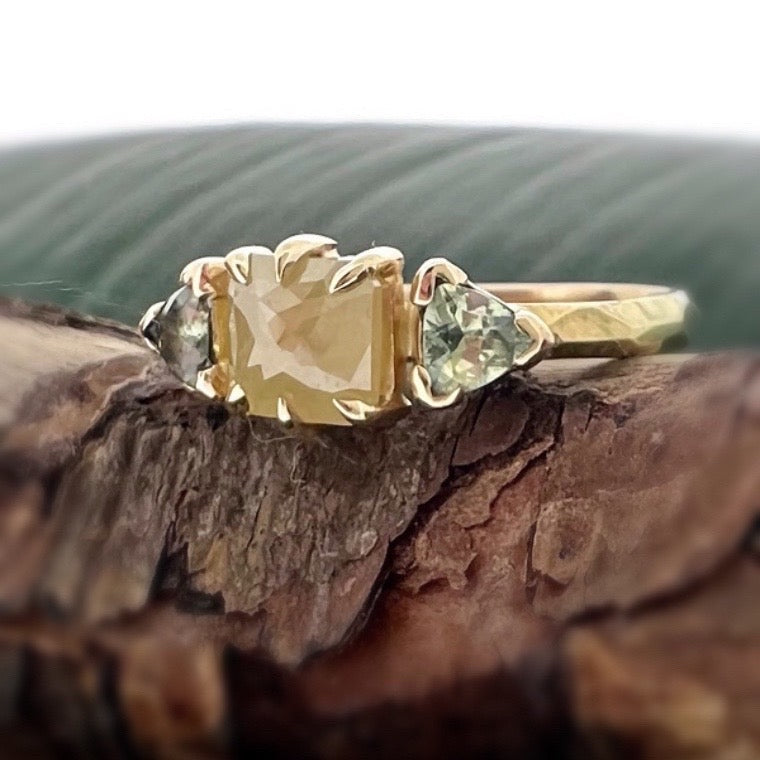 Creamy Yellow Rose Cut Diamond Ring with Green Sapphires
