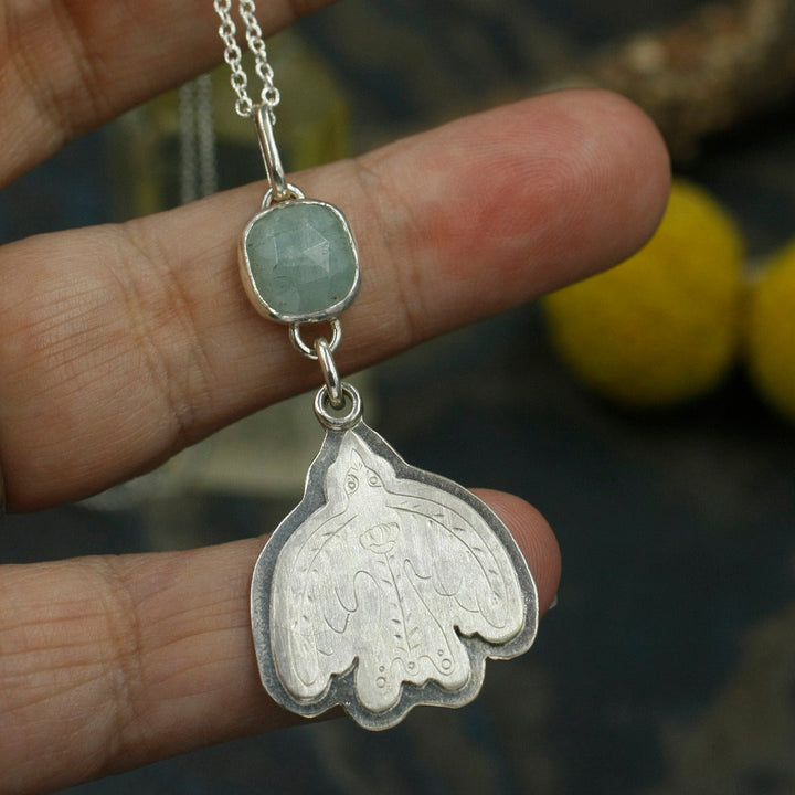 Floral Bird with Rose Cut Aquamarine Pendant