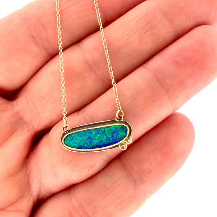 Australian Opal horizontal necklace with 2 Diamonds