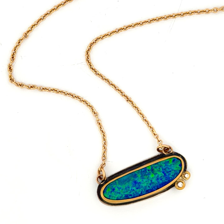 Australian Opal horizontal necklace with 2 Diamonds