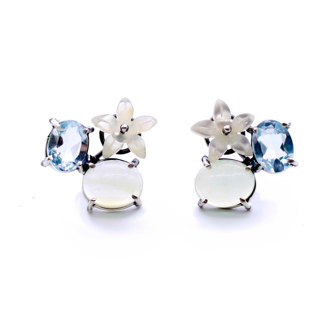 Chalcedony & Blue Topaz Studs with Carved Mother of Pearl