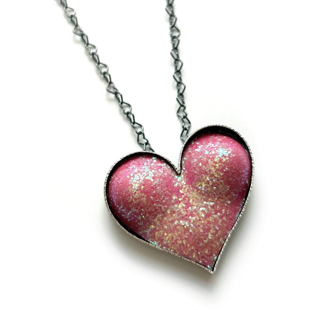 Pink Glitter Bust Heart Necklace