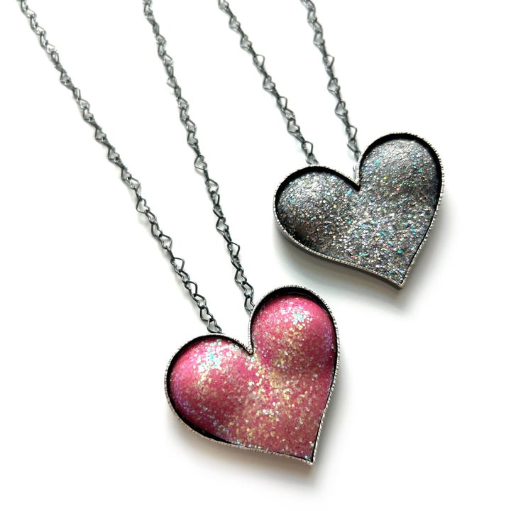 Silver Glitter Bust Heart Necklace