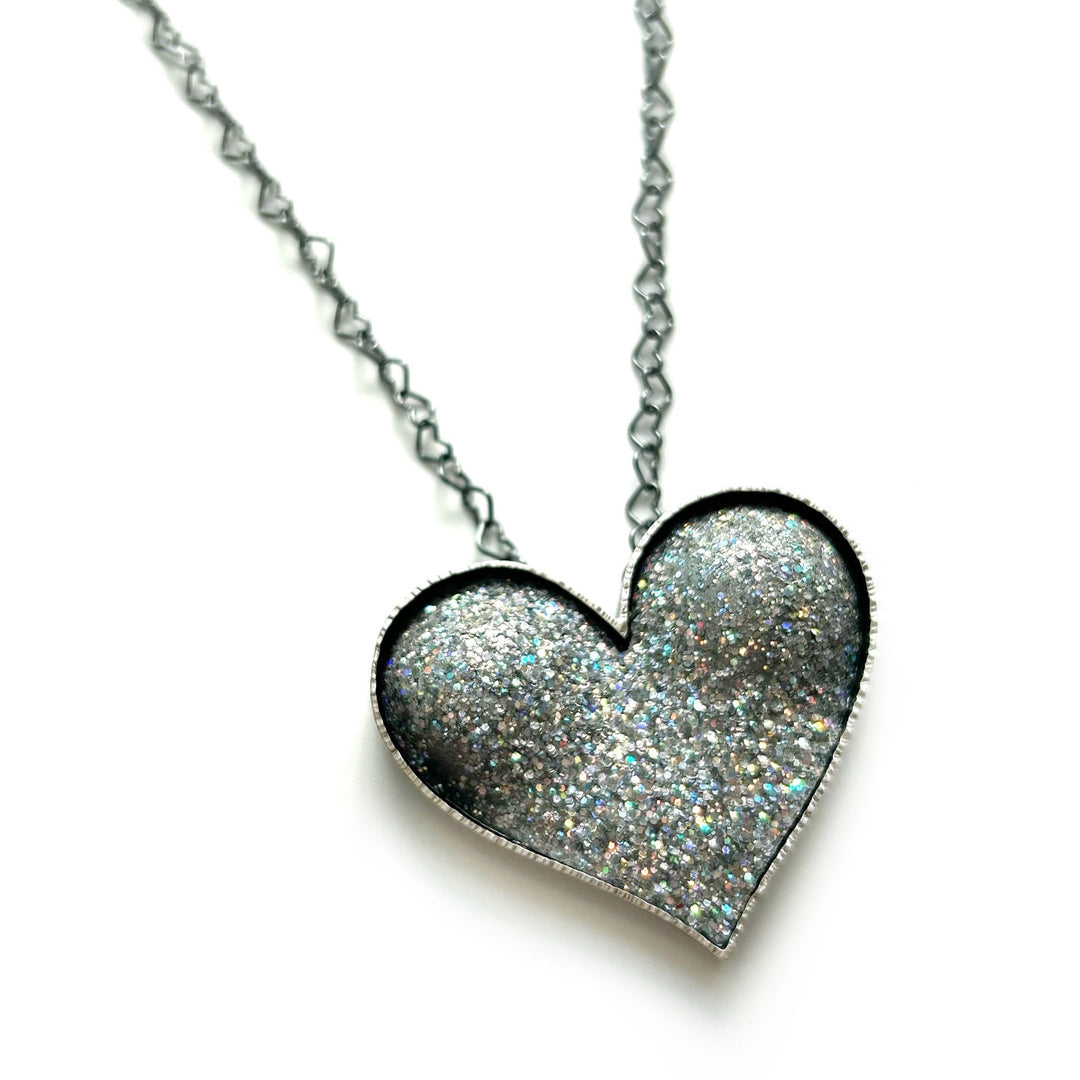 Silver Glitter Bust Heart Necklace
