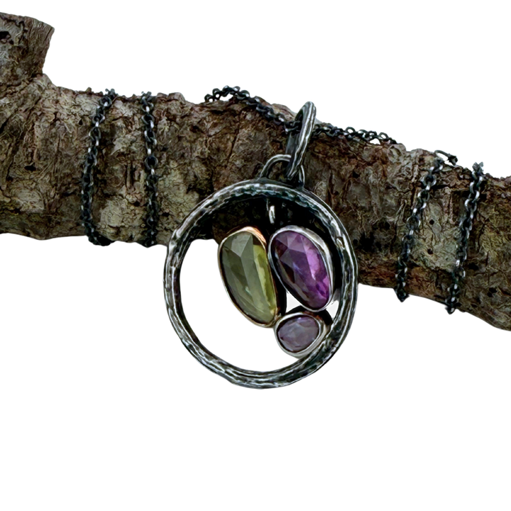 Triple Sapphire and Peony Medalion Pendant Necklace
