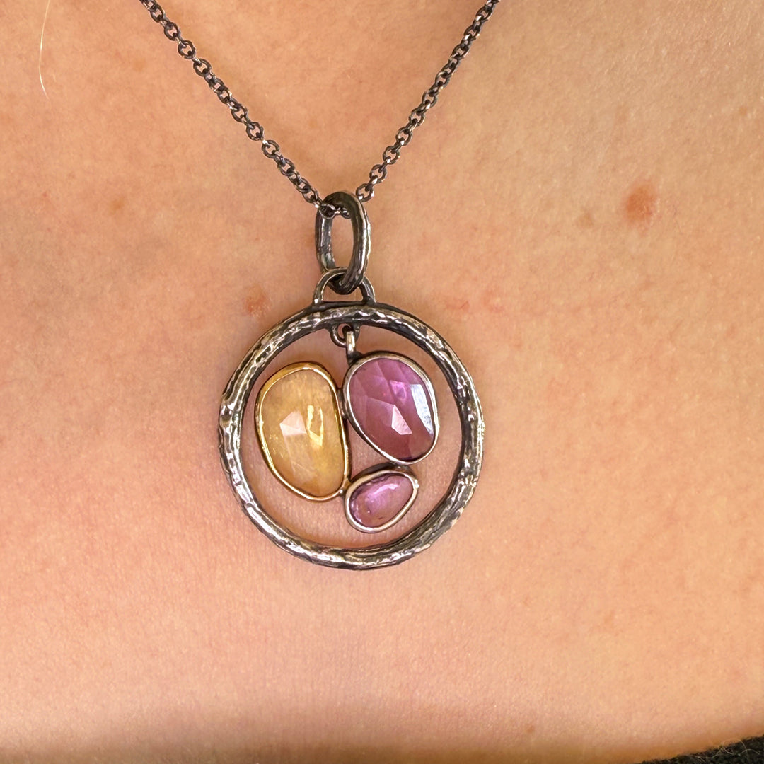 Triple Sapphire and Peony Medalion Pendant Necklace