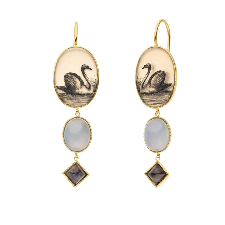 Swan Earhangers with Chalcedony & Iolite
