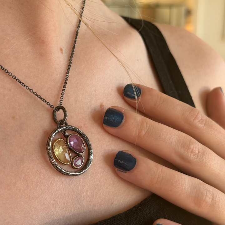 Triple Sapphire and Peony Medalion Pendant Necklace
